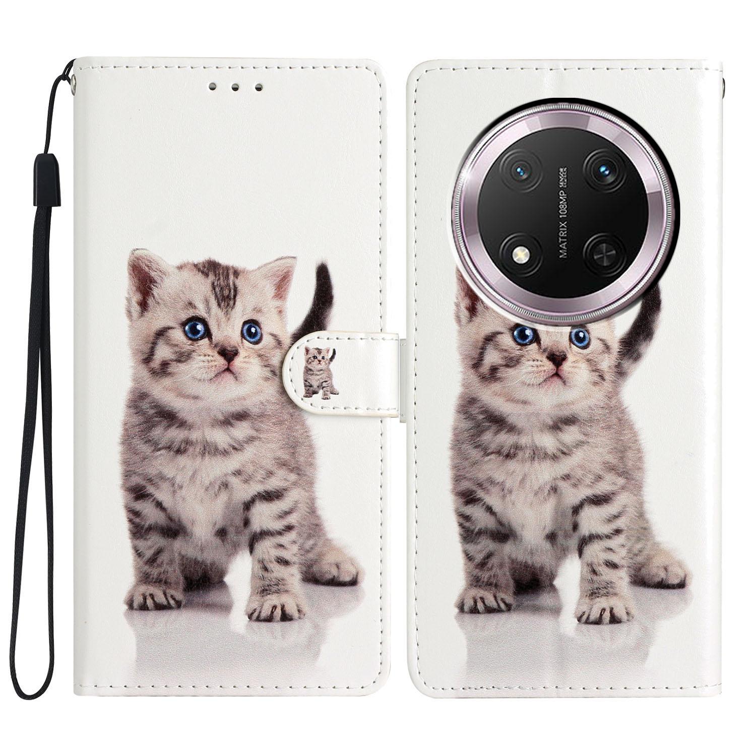

For Honor Magic7 Lite 5G/X9c 5G/X60 Pro 5G Wallet Case PU Leather Pattern Printing Stand Phone Cover with Strap Cute Cat