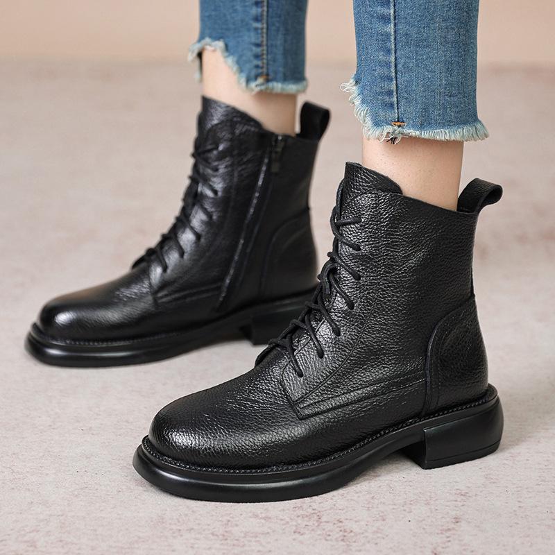 Damskie buty Martin w stylu brytyjskim: Skóra bydlęca licowa, Okrągły nosek, Sznurowane, Niskie, Prawdziwa skóra, Plus aksamit, Miękka podeszwa, Zimowe botki.