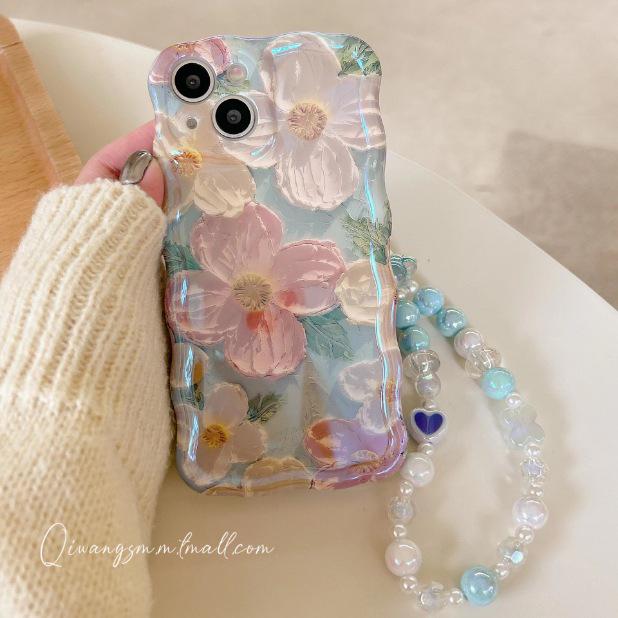 Artistic Oil Painting Flower Phone Case for iPhone 17 Pro Max/14, with 16E Bracelet and Blue Light Filter.
