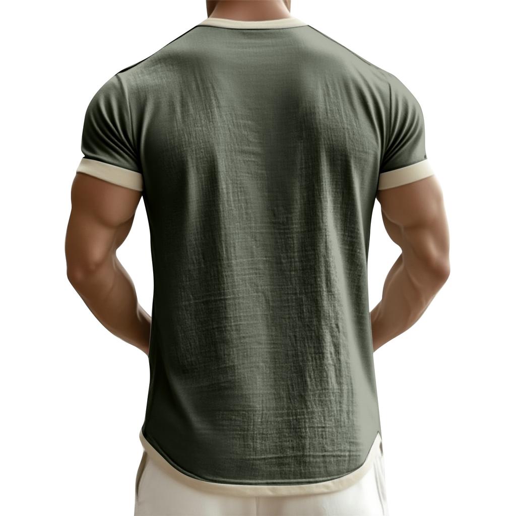 Men's Breathable Solid Color Pleated T-shirt Men's Casual Contrast Color Short Sleeve T-shirt