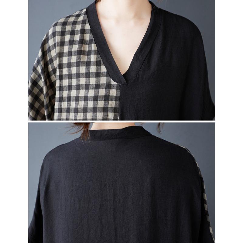 DIMANAF 2025 Plus Size Summer Women Long Dress Oversized Vintage Basic Plaid V-Neck Casual Loose Dress