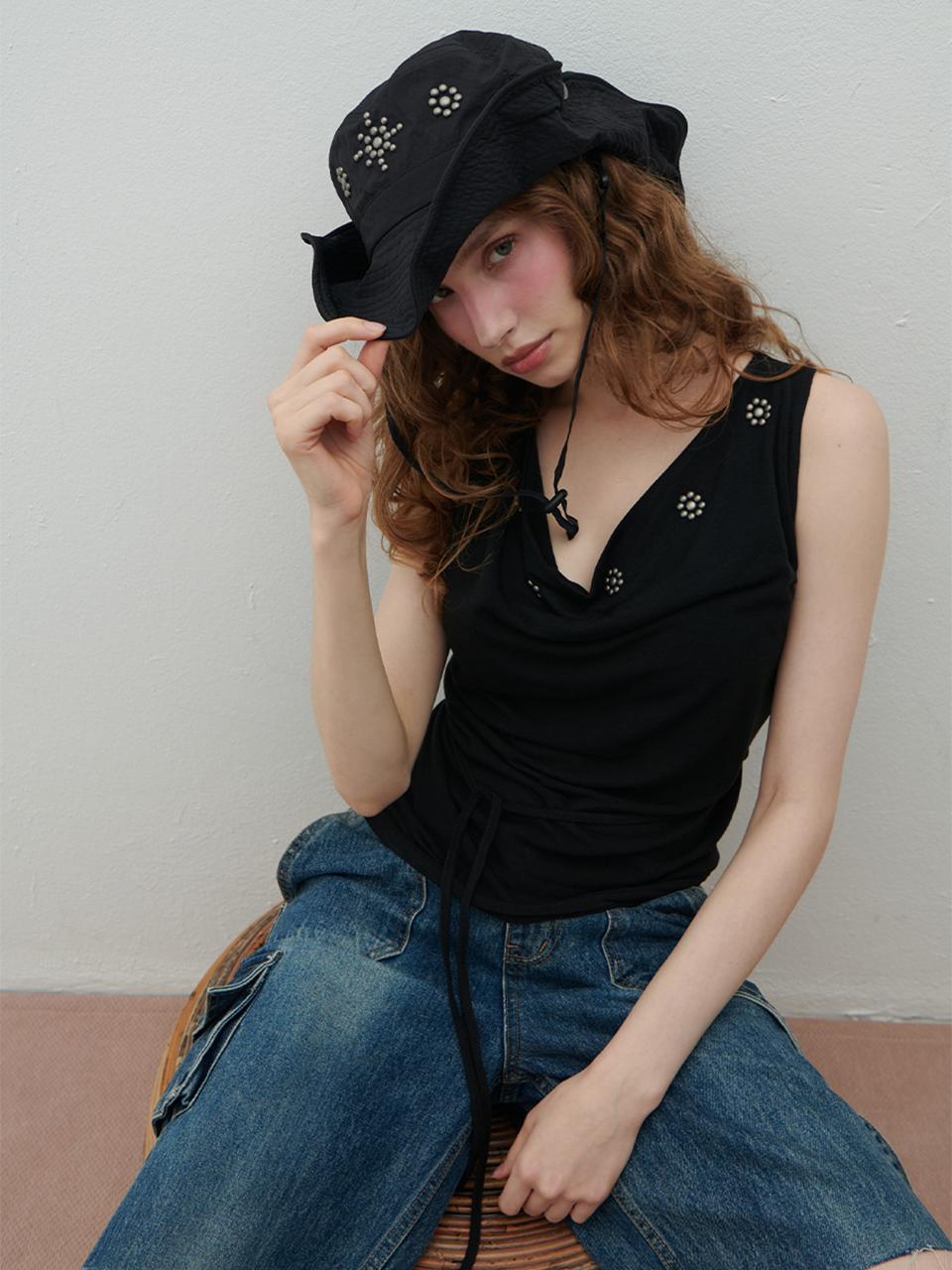Double Hips Flower Stud Deep Neck Top (Black) Black