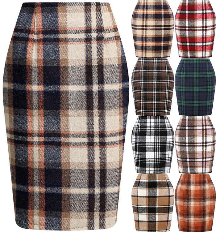 High-Waisted Women's Plaid Pencil Skirt - Knee-Length Wool Skirt for Autumn and Winter