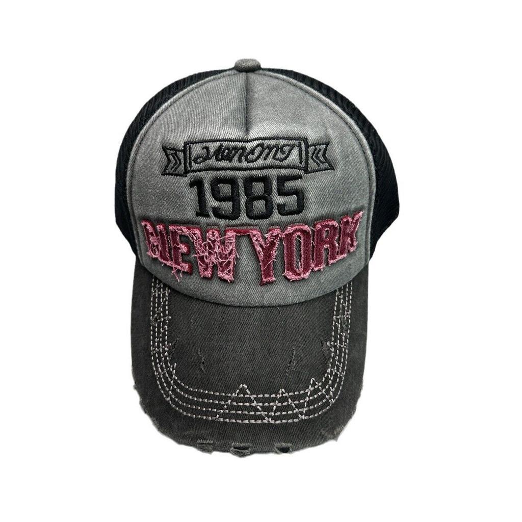 Street Hole Wind Embroidery Letter Baseball Cap Men's and Women's Sunshade Mesh Eye Color Matching Personalized Hat Vintage Washed Mesh Baseball Cap