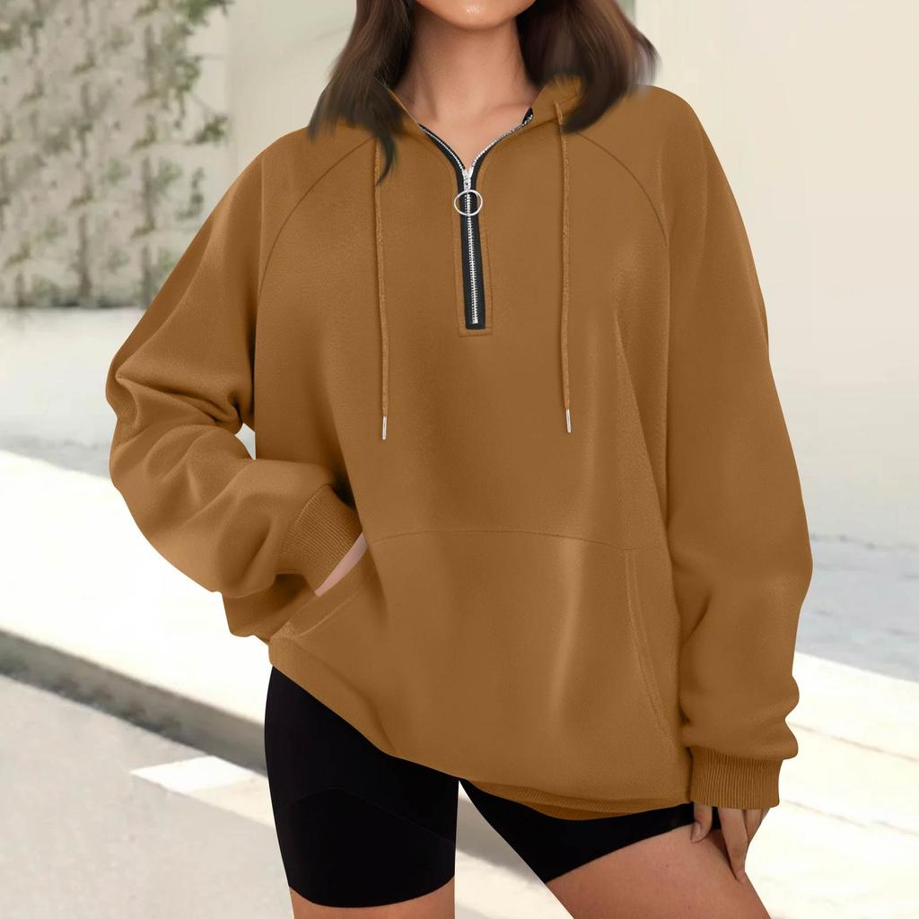 Women's Casual Fashion Long Sleeve Solid Color Zip Hooded Sweatshirt Top With Pocket