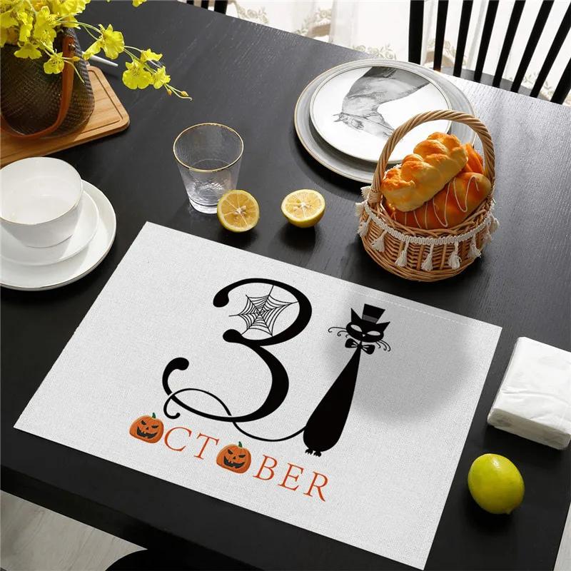 6PC Halloween Pumpkin Black Cat Placemats Festival Kitchen  Linen Dinning Table Mats Bowl Coffee Cup Pads Mats Home Decor