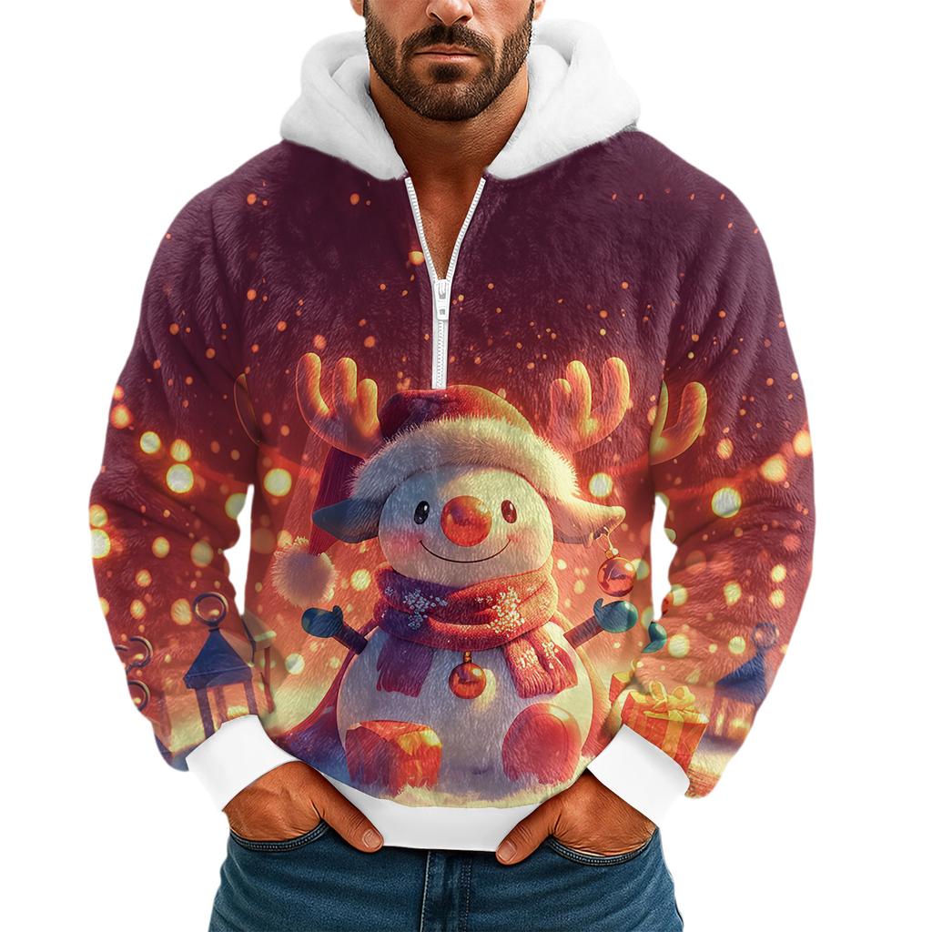 Pánská plyšová mikina s kapucí a polovičním zipem