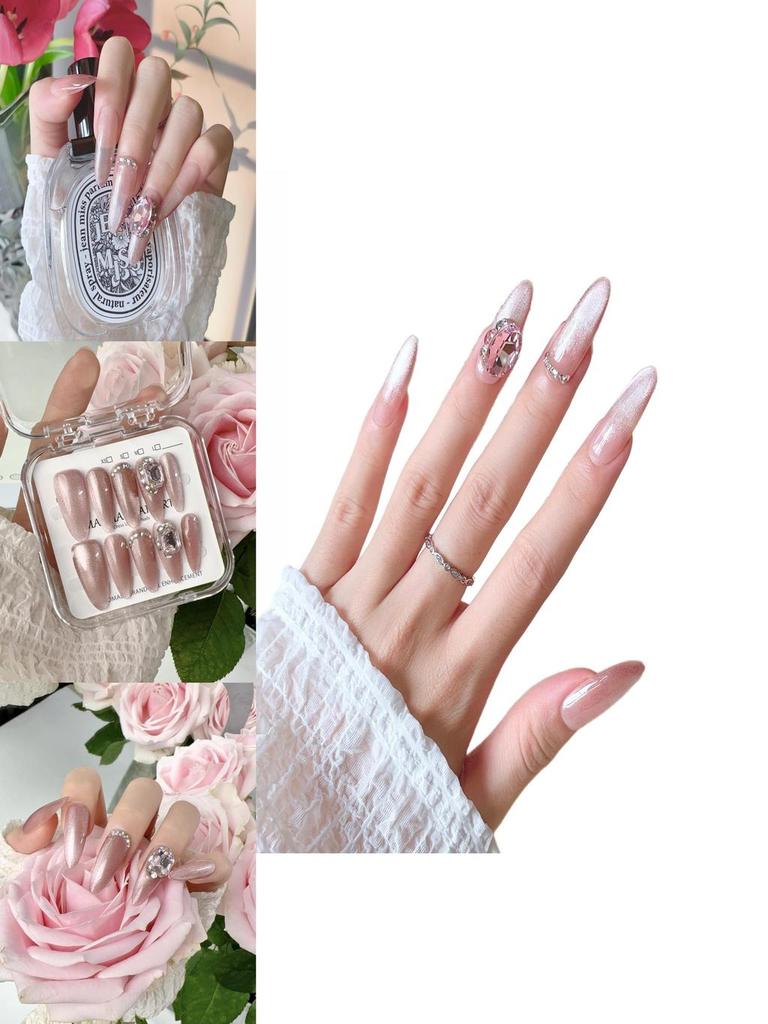 Original Photographyhandmade Nail Patch For Therapy New Trendy Luxury Long Cat Eye Nail With Sparkling Gems S44 Almond Love Girl)