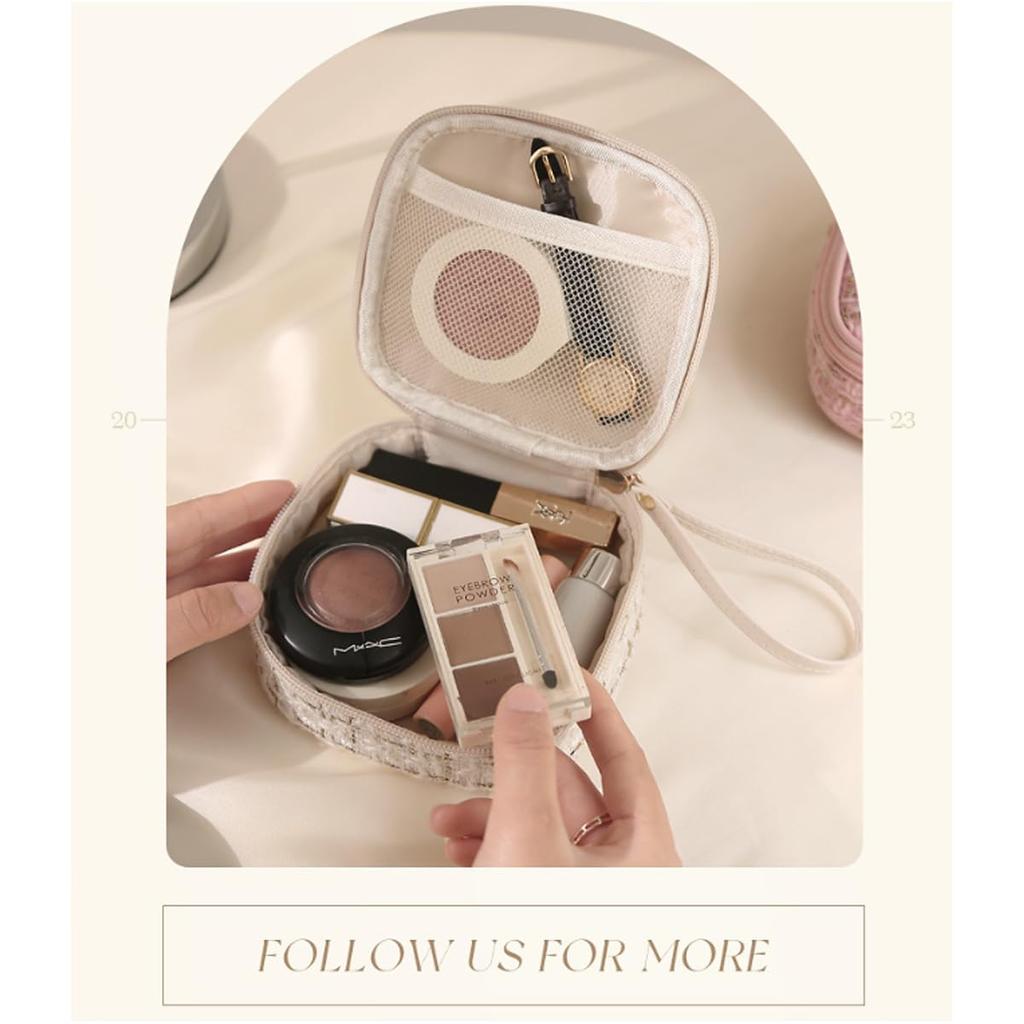 Cute Cosmetic Pouch for Women, Makeup Pouch with Small Organizer, Large Capacity, Full Makeup Storage, Travel, Portable Mini Pouch (White)