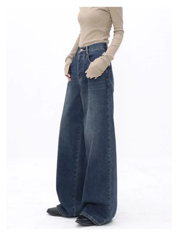 Amerykańskie jeansy vintage z wysokim stanem i oversize dla kobiet, luźne, luźne, Y2K, szerokie nogawki, modne, streetwear, niebieskie, dżinsowe spodnie