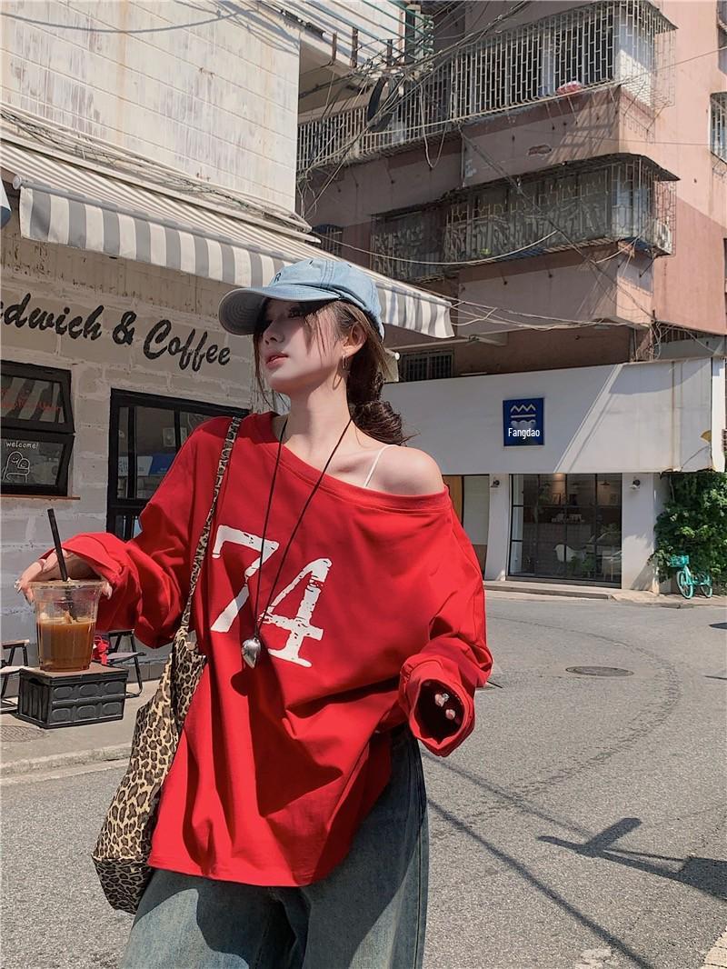 

Женский свитшот с принтом букв на весну/осень 2025 года - Свободный, с открытыми плечами XXL красный