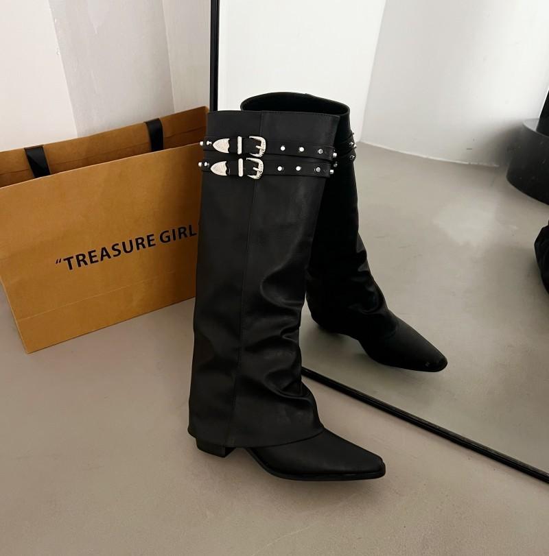 Sweet Cool Tall Knight Boots Women's Pointed Pants Pants Spice Girls Boots Rivet Belt Buckle Leather Thick Heel Boots But Knee