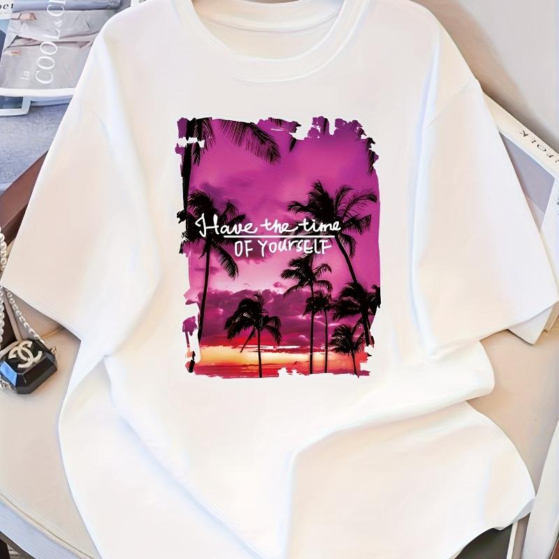 

Palm Tree Print T-Shirt,Lightweight T-Shirt Breathable Cool, Comfortable Wear XXL белый