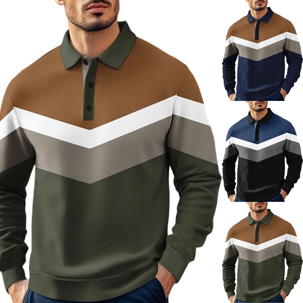 Men's Casual Loose Colorblock Print Lapel Button Long Sleeve Top