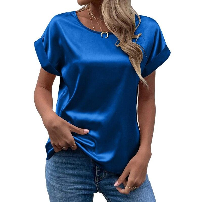 

Casual Solid Satin Women Blouse Fashion 2026 Summer Elegant Short Sleeve Woman Shrit Loose Office Lady Tops Women Clothing 25084 S синий