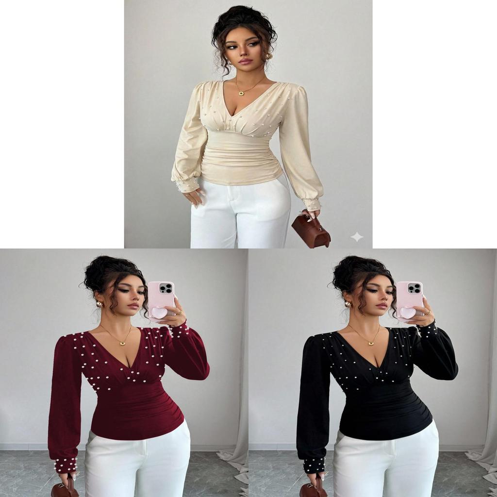 Elegant Long Sleeve T Shirt With Pearl Embellishments For Office Wear