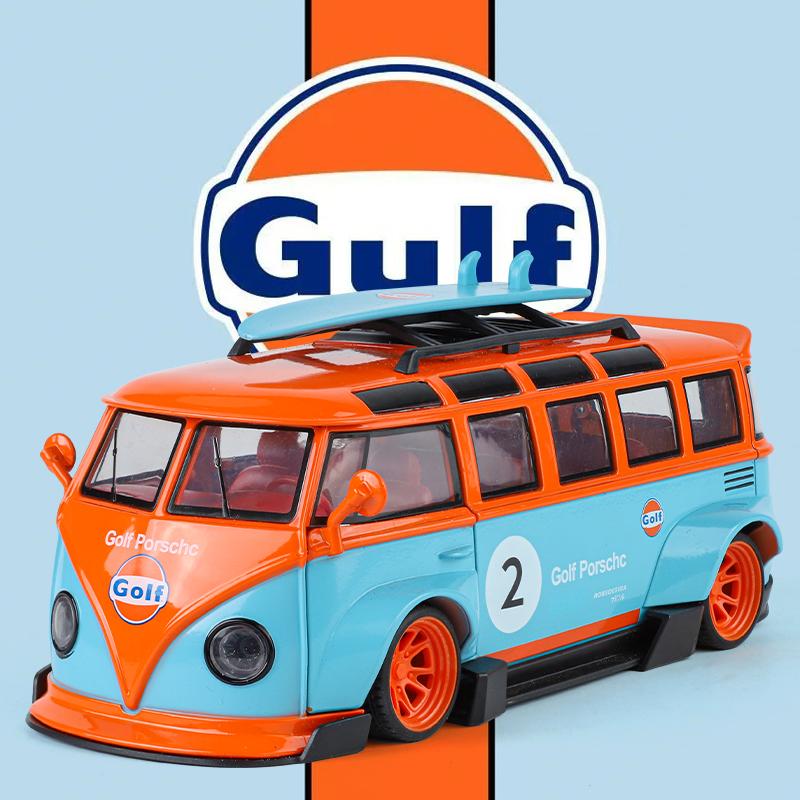 1/24 Volkswagen T1 Bus Gulf Oil Martini Low Ride Wide Body Modifiziert Legierung Metall Diecast Modellauto Sound & Licht Hobby Geschenke Junge