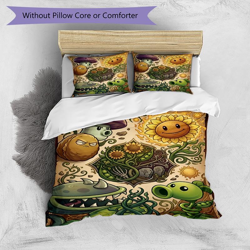 3pcs Duvet Cover Set (1*Duvet Cover + 2*Pillowcase, Without Core), Plants vs. Zombies Print Bedding Set, Bedroom Decor, All‑Season, Birthday Gift
