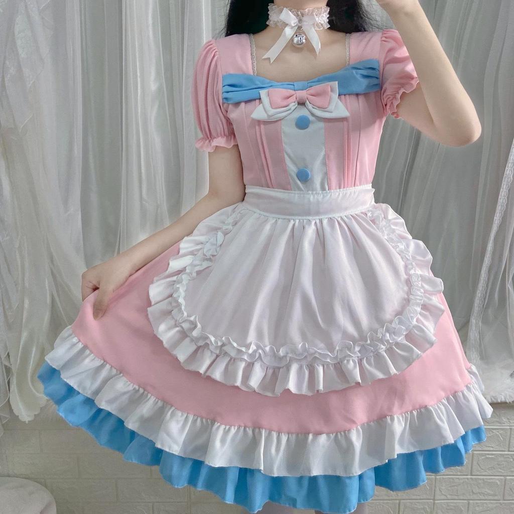 Café Style Cute Lolita Maid Outfit - Pink & Blue Bow Dress for Women