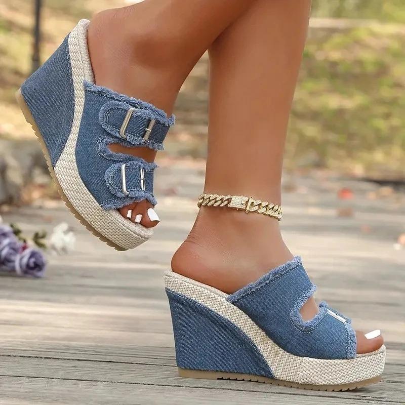 Sandali da Donna con Zeppa Piattaforma Estate Intreccio di Paglia Suola Spessa Ciabatte in Denim Sandalo alla Moda Casual con Cinturino a Doppia Fibbia