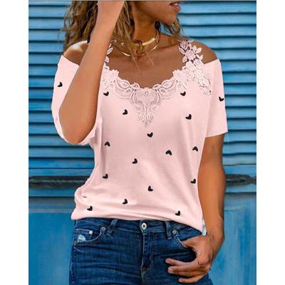 Summer Fashion Casual Top Lace Stitching T-shirts Cute Heart Print Women's T-shirts