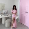 Slit Long Cardigan Knit Dress Women Fashion Short Sleeve Patchwork High Waist Maxi Dress Street Casual Y2K Dress 2025 summer autumn