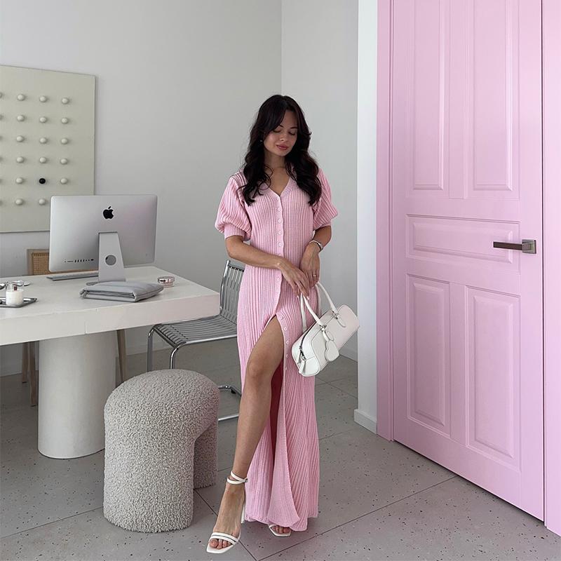 Slit Long Cardigan Knit Dress Women Fashion Short Sleeve Patchwork High Waist Maxi Dress Street Casual Y2K Dress 2025 summer autumn
