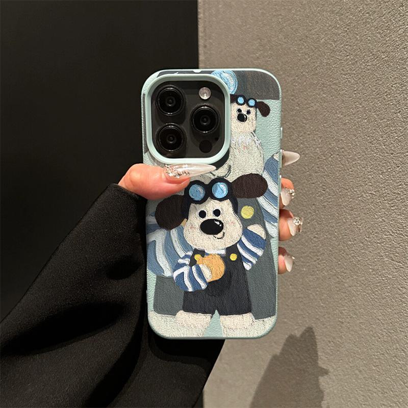 Oil Painting Cute Boss Dog for IPhone16/15p Lychee Pattern 14 for Apple 13 Mobile Phone Case 12 Sets