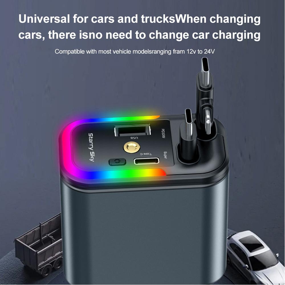 5 In 1 Total Power 180W Car Fast Charger with Retractable Cable USB Type-C Power Adapter with Color Ambient Light and Starry Sky Light for IOS Android