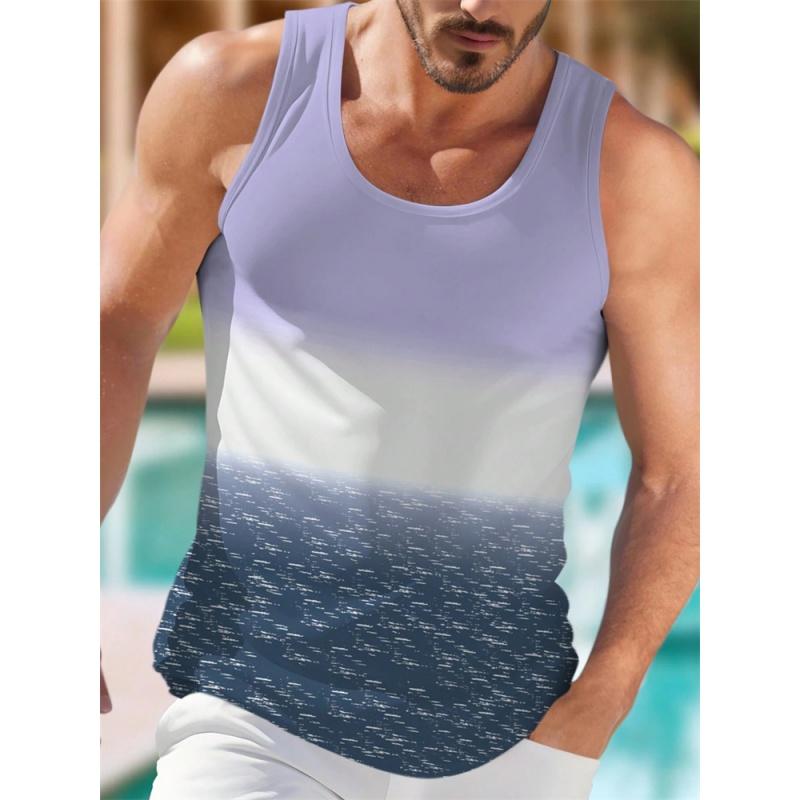 3D Printed Colorful Stripe Gradient Tank Tops For Men Coconut Tree Pattern Tees Summer Loose Street Sport Tops