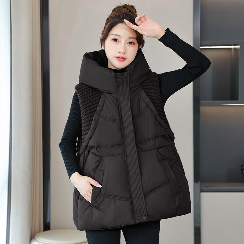 New Women's Clothing Solid Color Zipper Pocket Cotton Clothing Vest Fashion Hooded Temperament Commuter Jacket