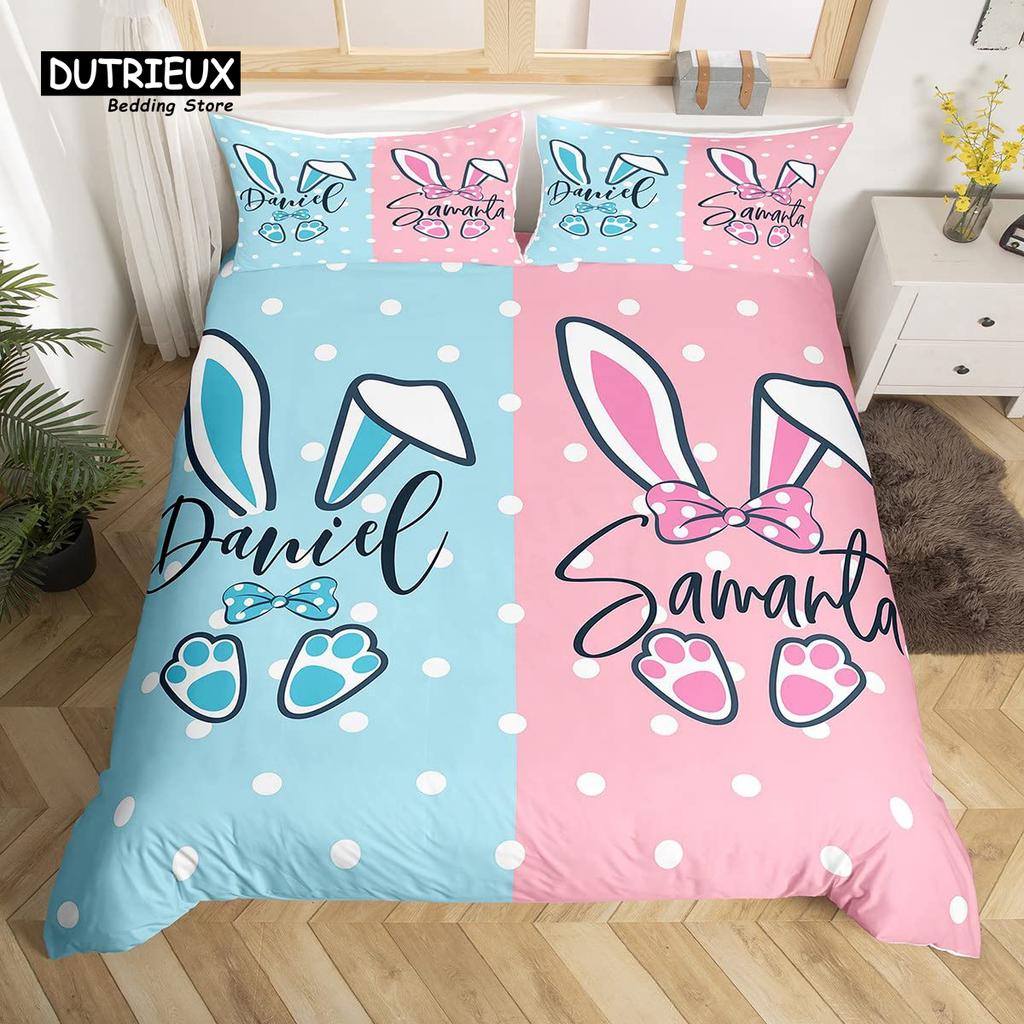 Cute Rabbit Duvet Cover Set Twin Queen Colorful Flower Bedding Set Microfiber Botanical Floral Cartoon Animal Comforter Cover