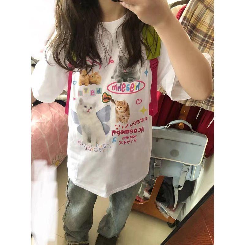 Summer Casual Oversized T Shirt Pure Cotton Short Sleeve T-shirts Women Harajuku Funny Cartoon Print Y2k Tops White Hip Hop Streetwear