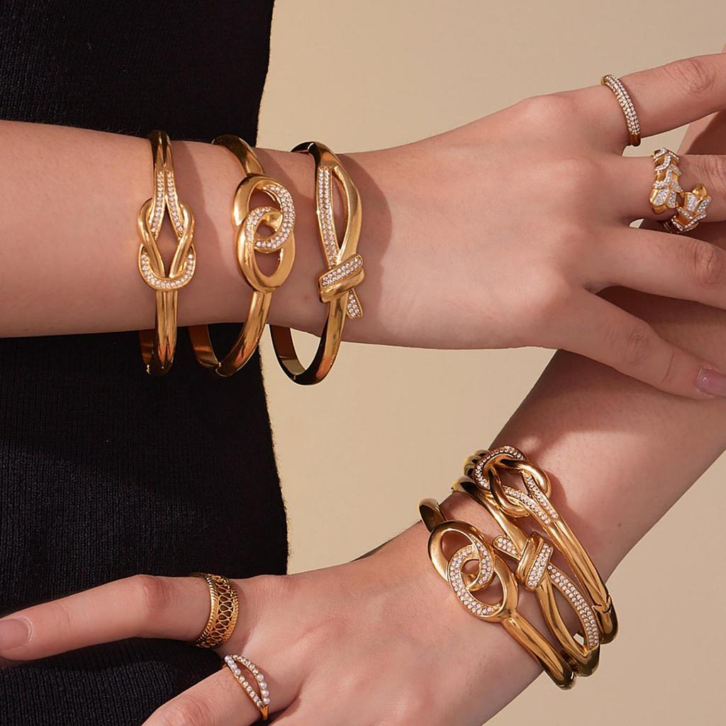 Oumeka Zirkon Doppelring Schnalle Edelstahl Armreif - Europäischer & Amerikanischer Modeschmuck