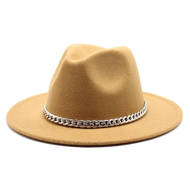 Pălărie de top de jazz din lână Pălărie de pâslă cu boruri mari, retro, cu boruri plate, cu lanț pentru bărbați și femei