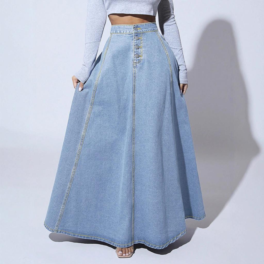 Women's Retro High Waisted Button Fly Flared Long Jean Skirts Pleated Flowy Swing A-line Denim Maxi Skirts Casual Vintage Denim Midi Skirts for Women