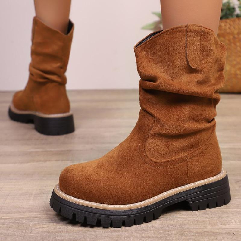 Fashion Ruched Western Boots Women Cow Suede Leather  Decoration Round Toe Solid Color Autumn Winter Shoes Handmade