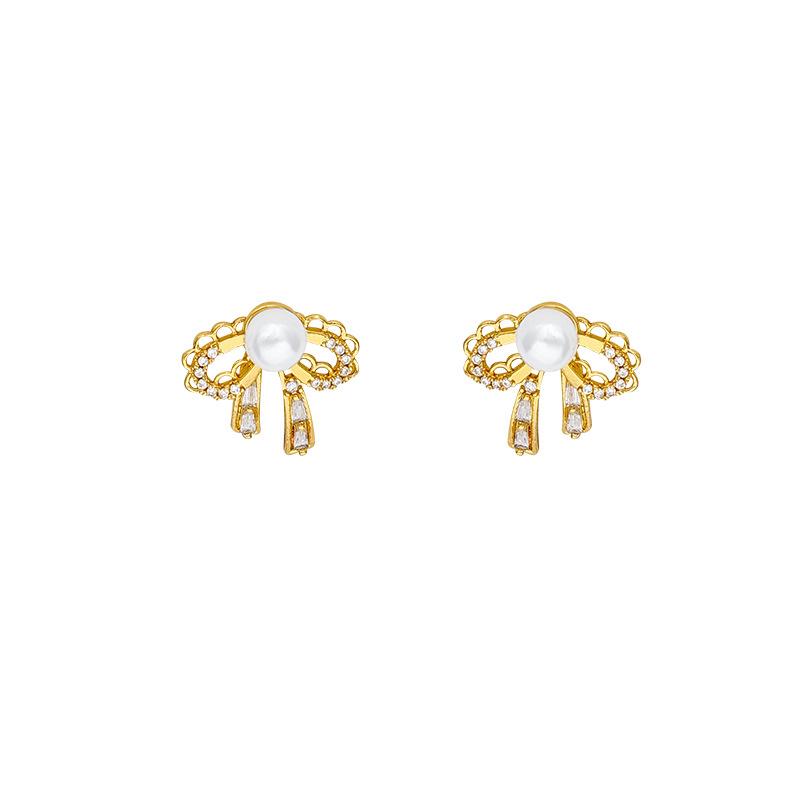 Sterling Silver Needle Earrings French Retro Lace Bow Pearl Stud Earrings Light Luxury Niche High-end Stud Earrings Women