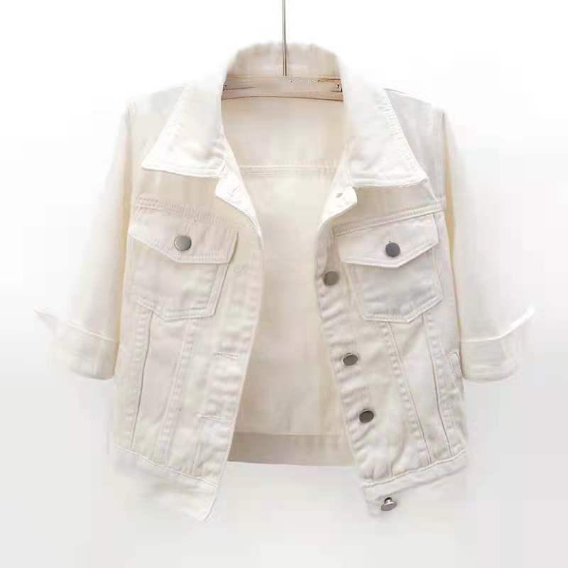 

Женская джинсовая куртка весна-осень розового цвета, однотонная, короткая, разноцветная, женская джинсовая куртка с рукавом три четверти XS белый