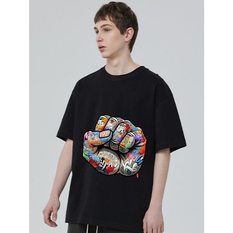 Black T Shirt with Colorful Graffiti Fist Print for Casual Wear