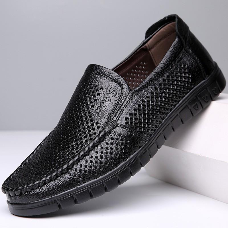 Mens Genuine Leather Breathable Dress Sandals Slip-On Business Casual Shoes With Rubber Sole