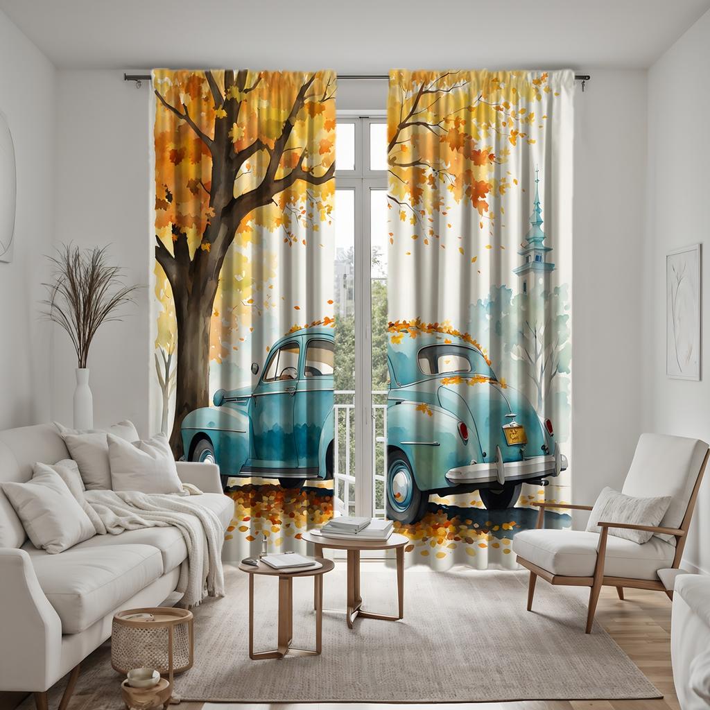 2 Pieces of HD Autumn Leaves Under the Blue Classic Car Curtain Yellow Digital Printed Curtain Home Decoration Style Decoration
