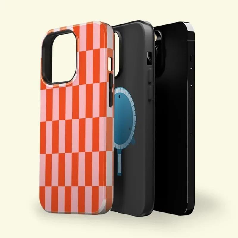 Clmj Checkered Orange Pink Phone Case for iPhone 16 15 14 13 12 11 Pro Max Plus Magnetic Double-layer Back Cover