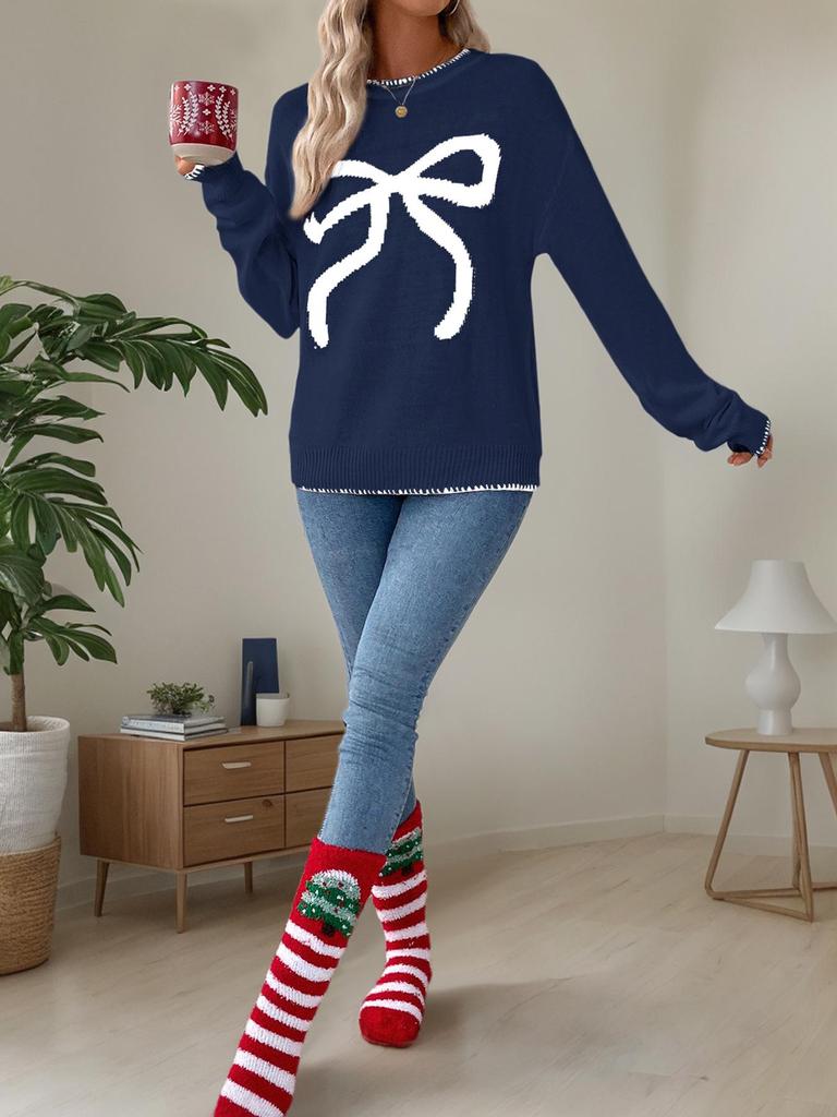 Women's European American Valentine’s Bow Jacquard Sweater - Autumn Winter Fashion