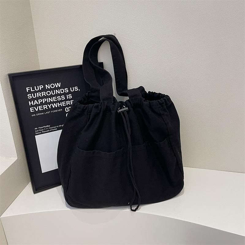 Simple Drawstring Bundle Handbag Casual Large Capacity Student Class Versatile Retro Solid Color Canvas Bag Women