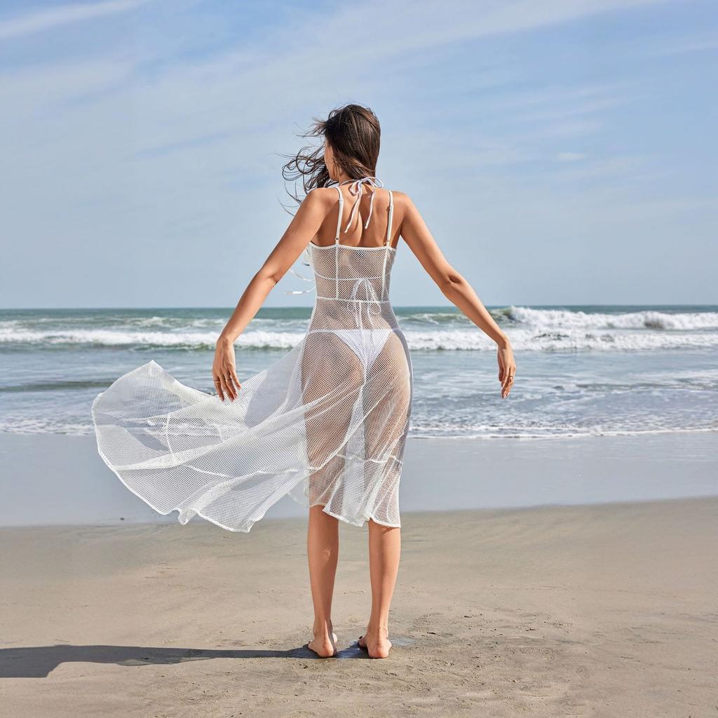 Beach Skirts for Women Solid Color Sexy Mesh Beach Bikini Swimsuit Hoodie Dress