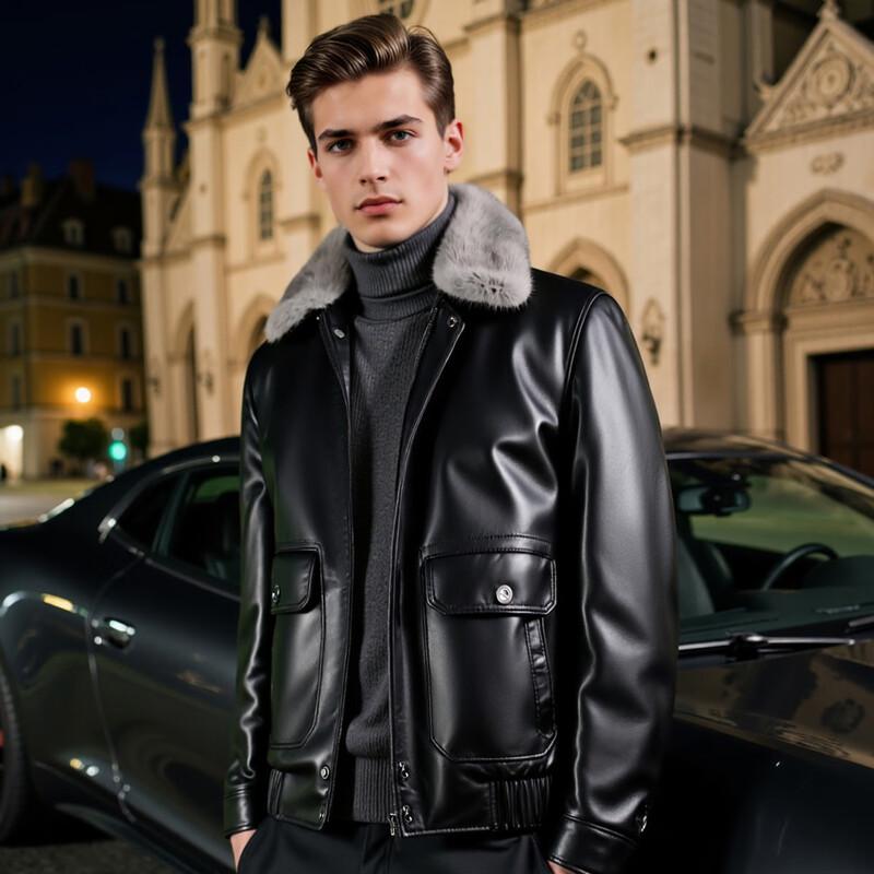 Futing Men's Lambskin Goose Down Leather Jacket with Mink Fur Collar