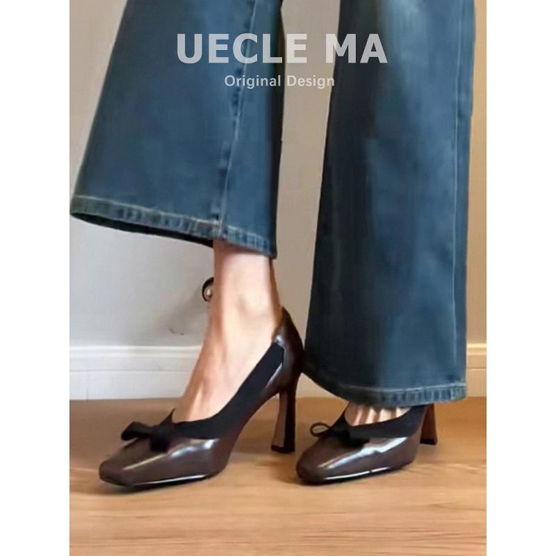 Sheepskin version~ square head French single shoes women's bow shallow mouth evening shoes temperament not tired feet thick heels high heels