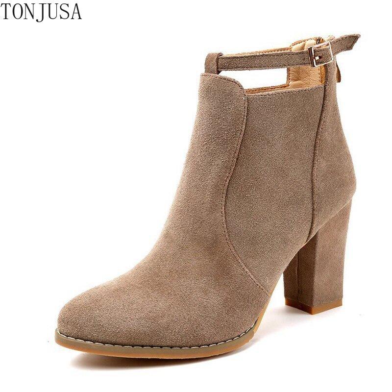 Støvler Høye hæler Ankel Damestøvler Mote Chunky Heel Dame Short Boots Sko Khaki Damesko