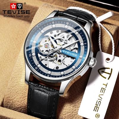 TEVISE New Mechanical Watch Hollow Men's Leather Belt Watch Fashion Waterproof Men's Mechanical Watch